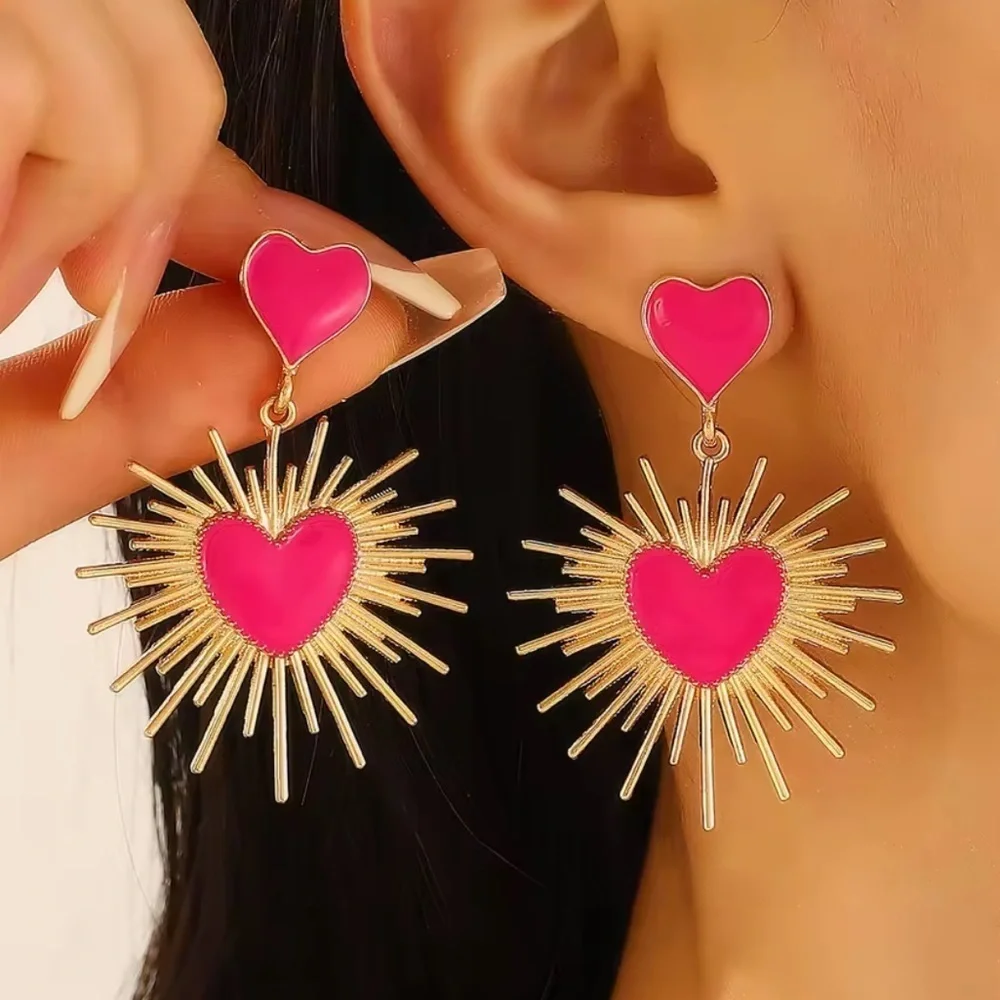 Pink Heart Statement Retro Gold Sunburst Dangle Valentine’s Day Jewelry